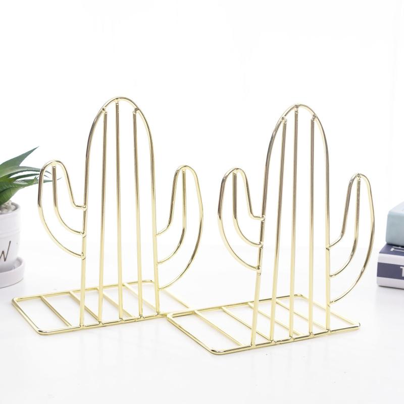 Geometric Metal Cactus Bookends for Shelf Book Stand