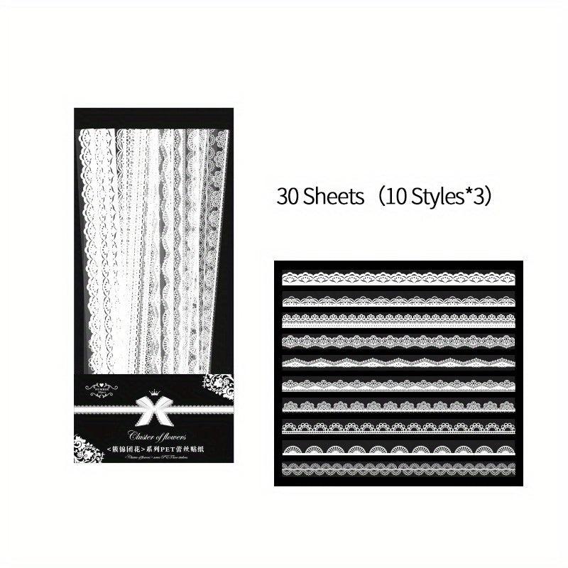 30pcs Waterproof Lace Stickers for Scrapbooking DIY Journals