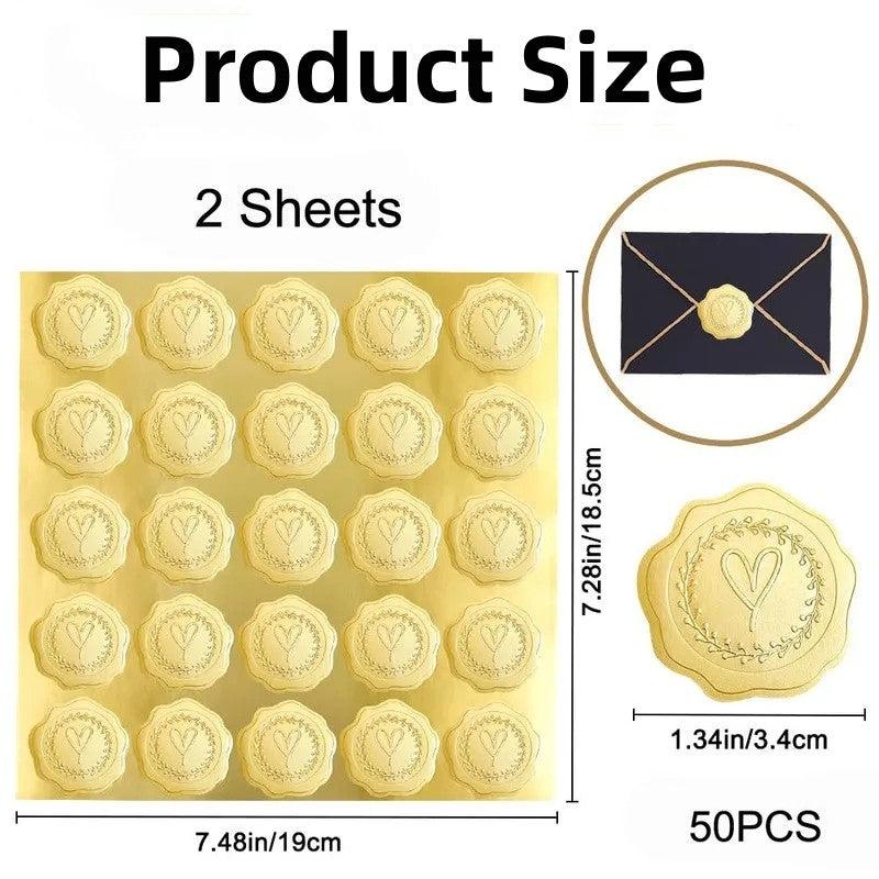 50pcs Golden/Silvery Heart Envelope Seals for Wedding Invitations