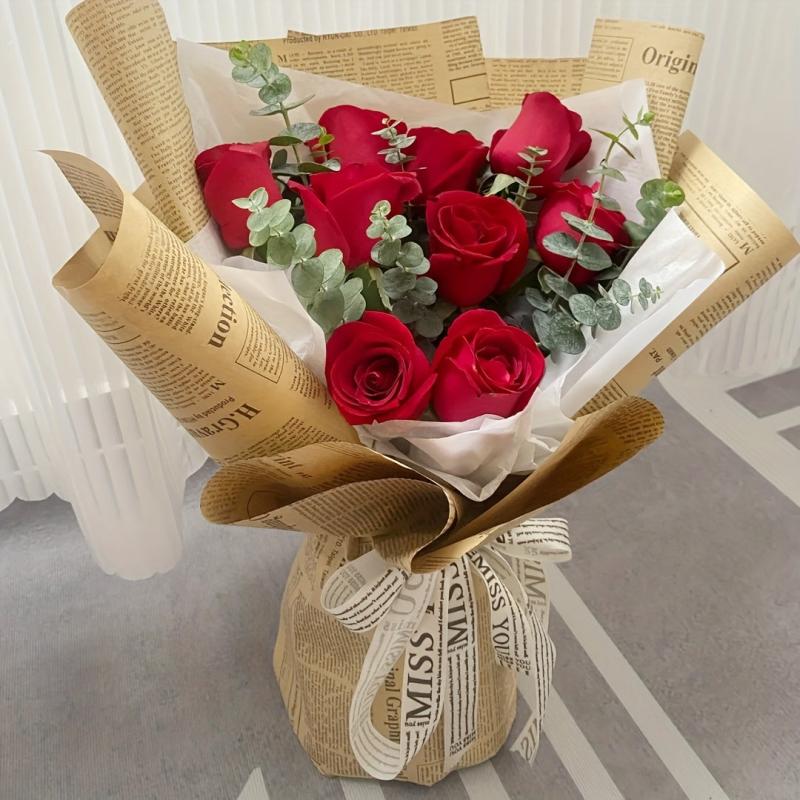 10pcs English Newspaper Double Sided Printing Love Flower Wrapping Papers