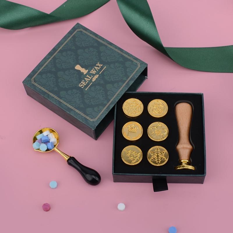 Christmas Wax Stamp Set with 6 Heads, Spoon, Stove - Holiday Sealing Kit