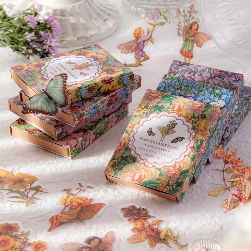 45pcs Flower Fairy Series Retro Art Journal Stickers Box