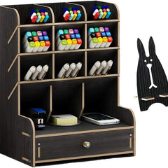 Wooden Desk Organizer Pen Holder Desktop Stationary Storage