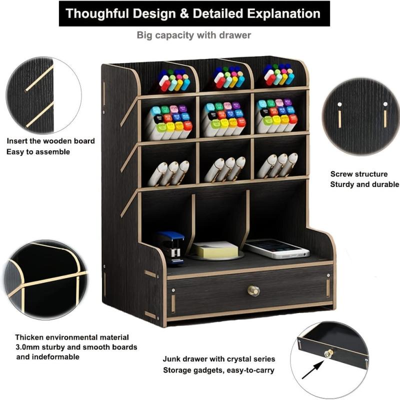 Wooden Desk Organizer Pen Holder Desktop Stationary Storage