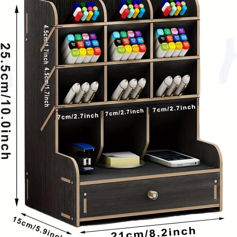 Wooden Desk Organizer Pen Holder Desktop Stationary Storage