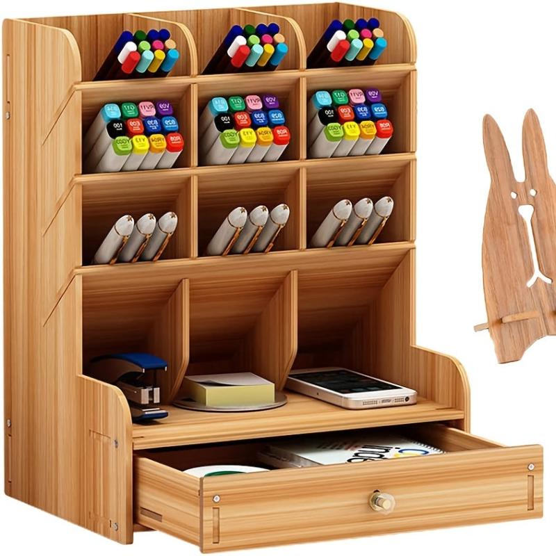 Wooden Desk Organizer Pen Holder Desktop Stationary Storage