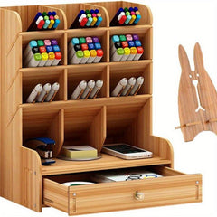 Wooden Desk Organizer Pen Holder Desktop Stationary Storage