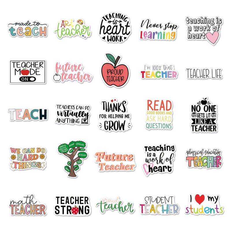 50pcs Teacher Themed Waterproof Stickers for Bottles Laptops & Scrapbooks