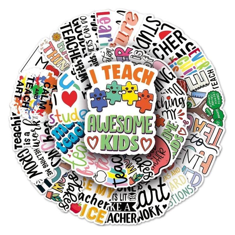 50pcs Teacher Themed Waterproof Stickers for Bottles Laptops & Scrapbooks