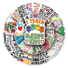 50pcs Teacher Themed Waterproof Stickers for Bottles Laptops & Scrapbooks