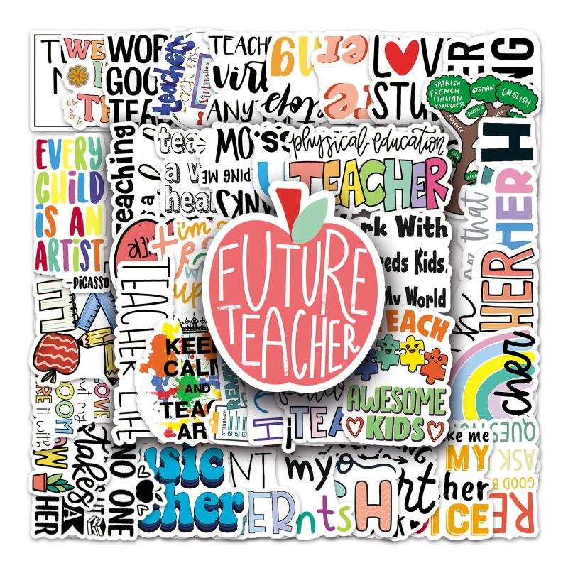 50pcs Teacher Themed Waterproof Stickers for Bottles Laptops & Scrapbooks