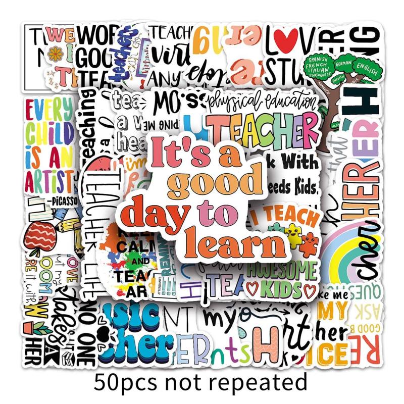 50pcs Teacher Themed Waterproof Stickers for Bottles Laptops & Scrapbooks