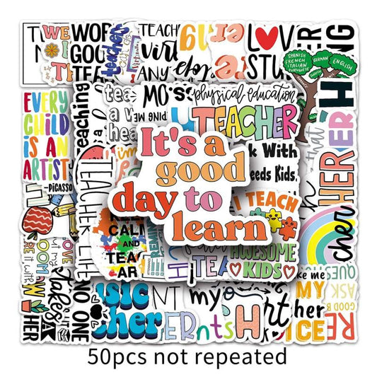 50pcs Teacher Themed Waterproof Stickers for Bottles Laptops & Scrapbooks