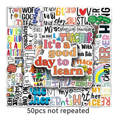 50pcs Teacher Themed Waterproof Stickers for Bottles Laptops & Scrapbooks