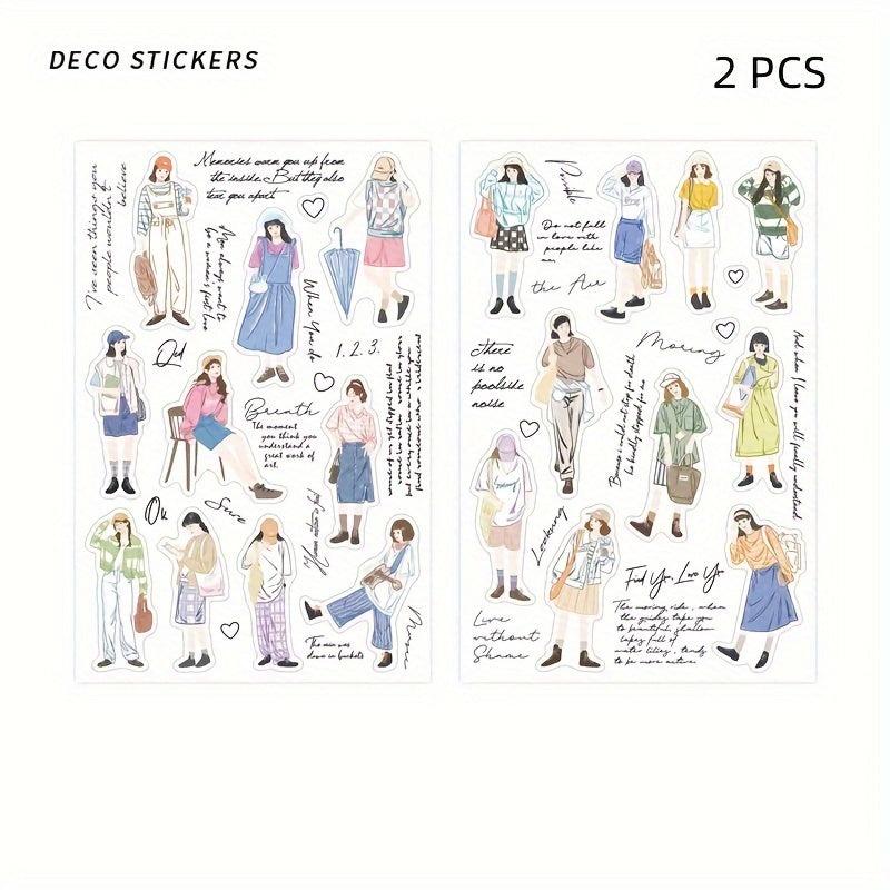 2 Sheets PET Waterproof Stickers Girl Dressing DIY Notebook Material Stickers