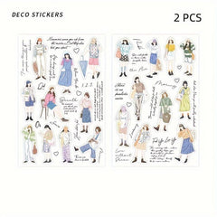 2 Sheets PET Waterproof Stickers Girl Dressing DIY Notebook Material Stickers