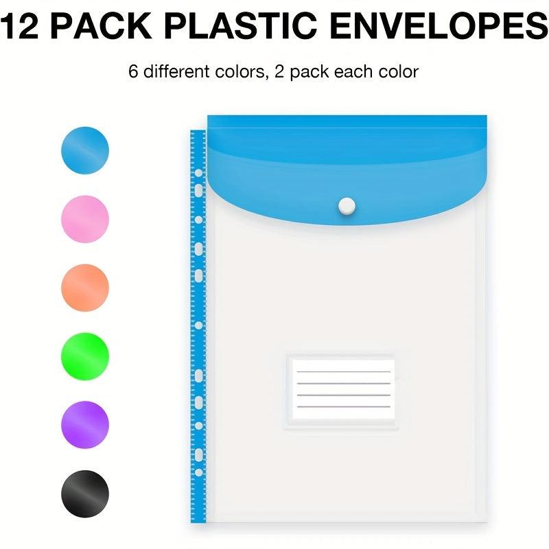 12 Pack A4 Plastic Wallets Punched Pockets Document Files For Office Home School