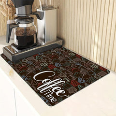 Coffee Printed Dish Drying Mat Soft Draining Pad Absorbent Wear-resistant