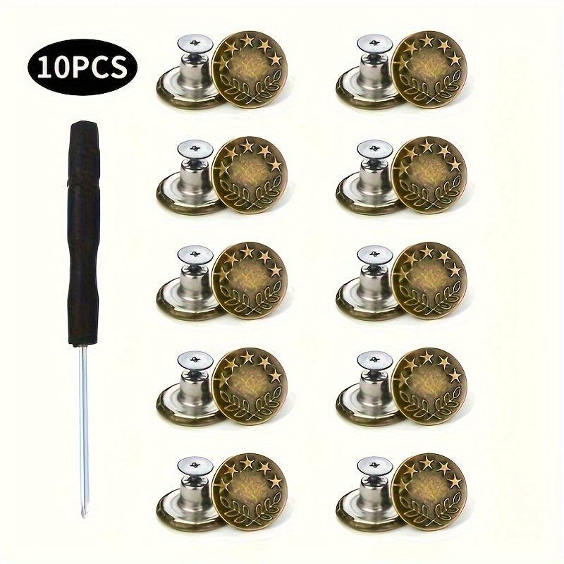 10pcs No Sewing Metal Jeans Buttons Kit 17mm Nailless Removable Jean Buttons