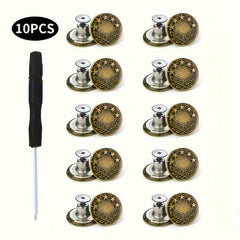 10pcs No Sewing Metal Jeans Buttons Kit 17mm Nailless Removable Jean Buttons