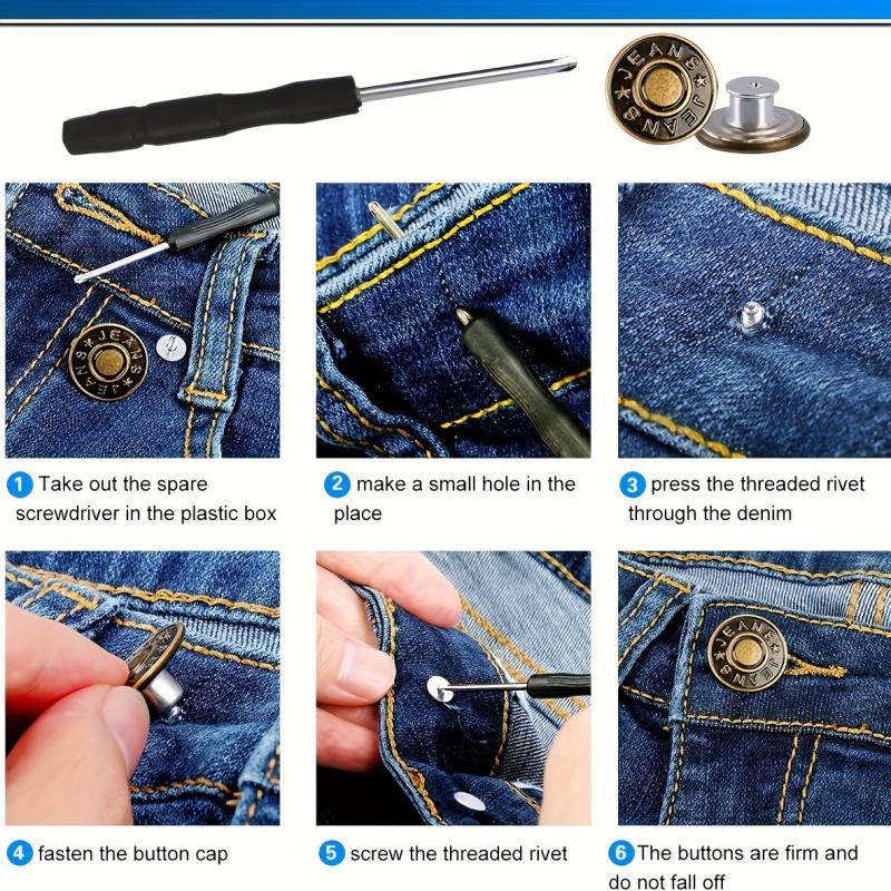 10pcs No Sewing Metal Jeans Buttons Kit 17mm Nailless Removable Jean Buttons