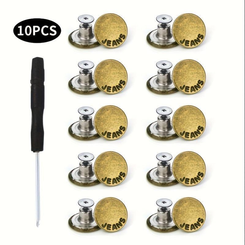 10pcs No Sewing Metal Jeans Buttons Kit 17mm Nailless Removable Jean Buttons