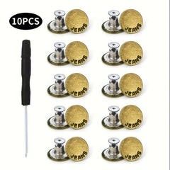10pcs No Sewing Metal Jeans Buttons Kit 17mm Nailless Removable Jean Buttons