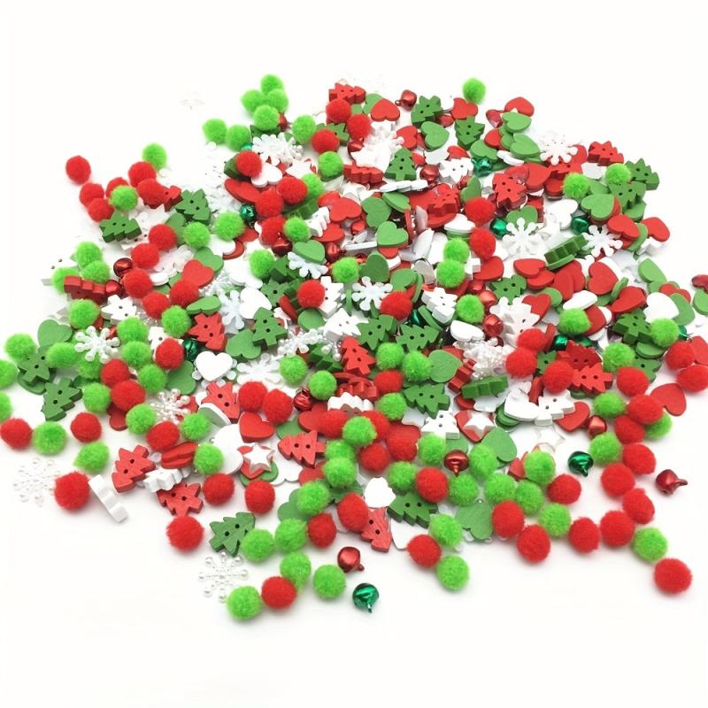 100pcs Christmas Pom Poms Wood Xmas Tree Buttons Jingle Bells DIY