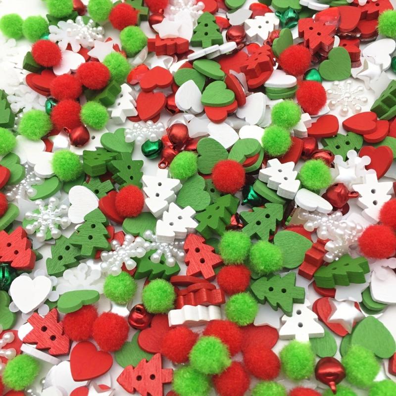 100pcs Christmas Pom Poms Wood Xmas Tree Buttons Jingle Bells DIY