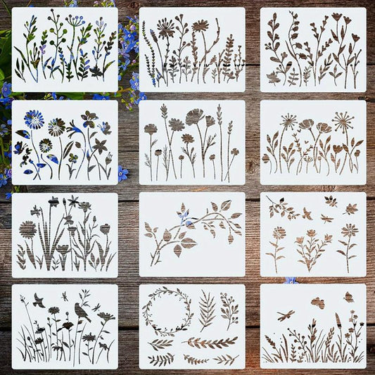 12 Flower Painting Templates DIY Craft Furniture Wall Art Wooden Floor Stencil