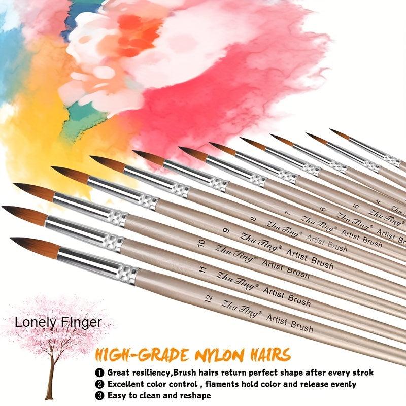 12pcs Professional Paint Brushes Set Round Pointed Tip Nylon Hair
