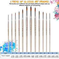 12pcs Professional Paint Brushes Set Round Pointed Tip Nylon Hair