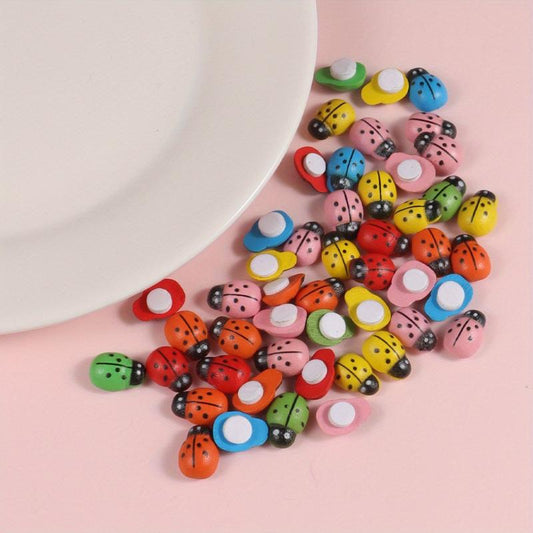 50pcs Mini Ladybugs Stickers Self Adhesive Wooden Ladybugs DIY Garden Decoration