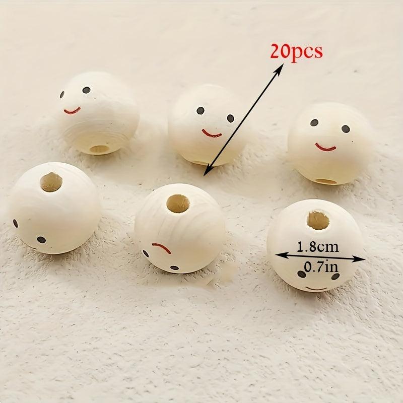 20pcs Smiling Face Wooden Beads Round Expression Loose Beads