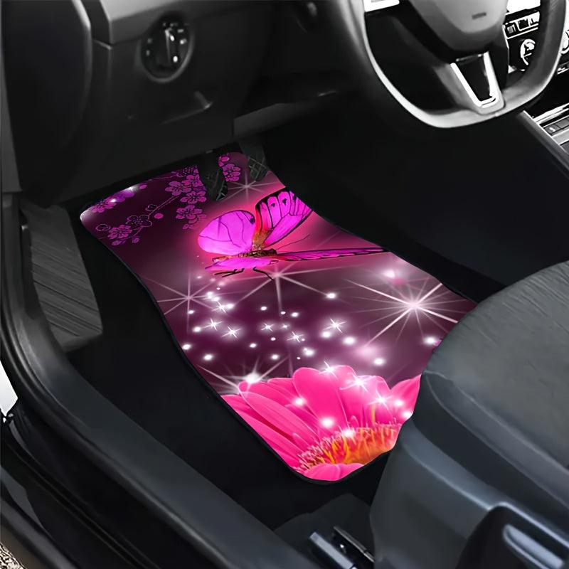 4pcs Pink Butterfly Car Floor Mats - Non-slip Stain Resistant Mats