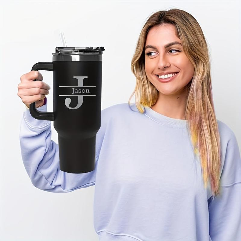 Personalized 40oz Insulated Travel Mug with Handle and Straw - 26 Letters