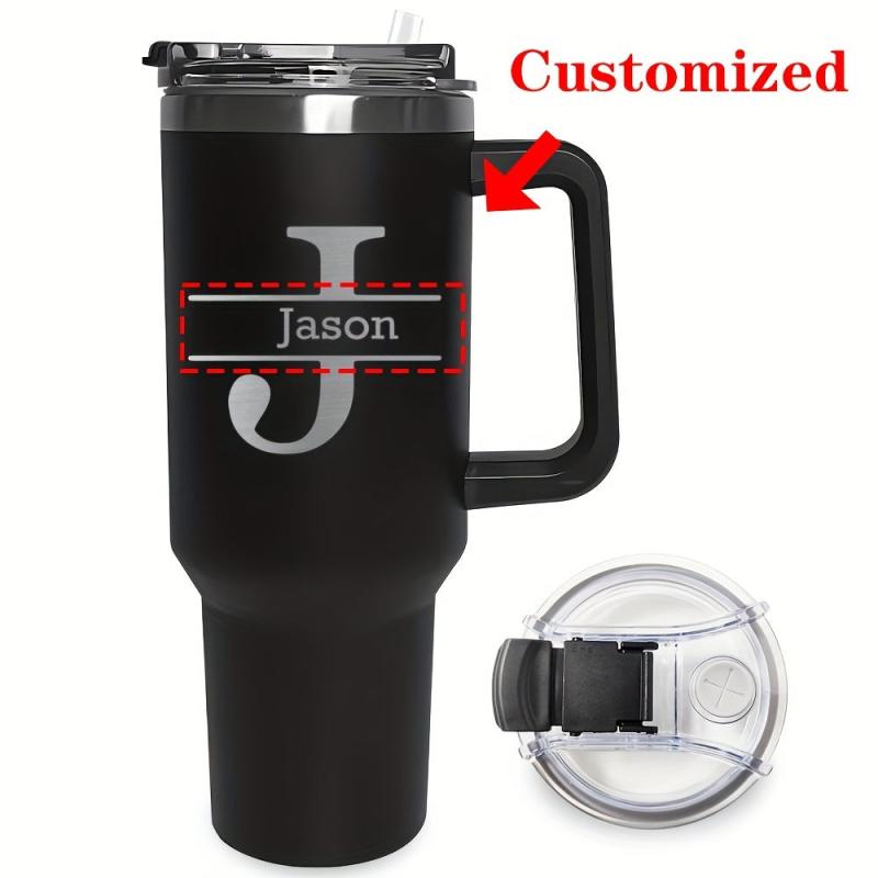 Personalized 40oz Insulated Travel Mug with Handle and Straw - 26 Letters