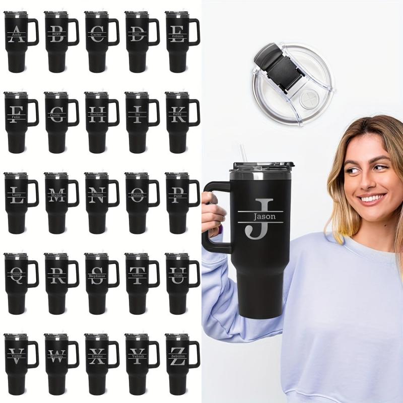 Personalized 40oz Insulated Travel Mug with Handle and Straw - 26 Letters