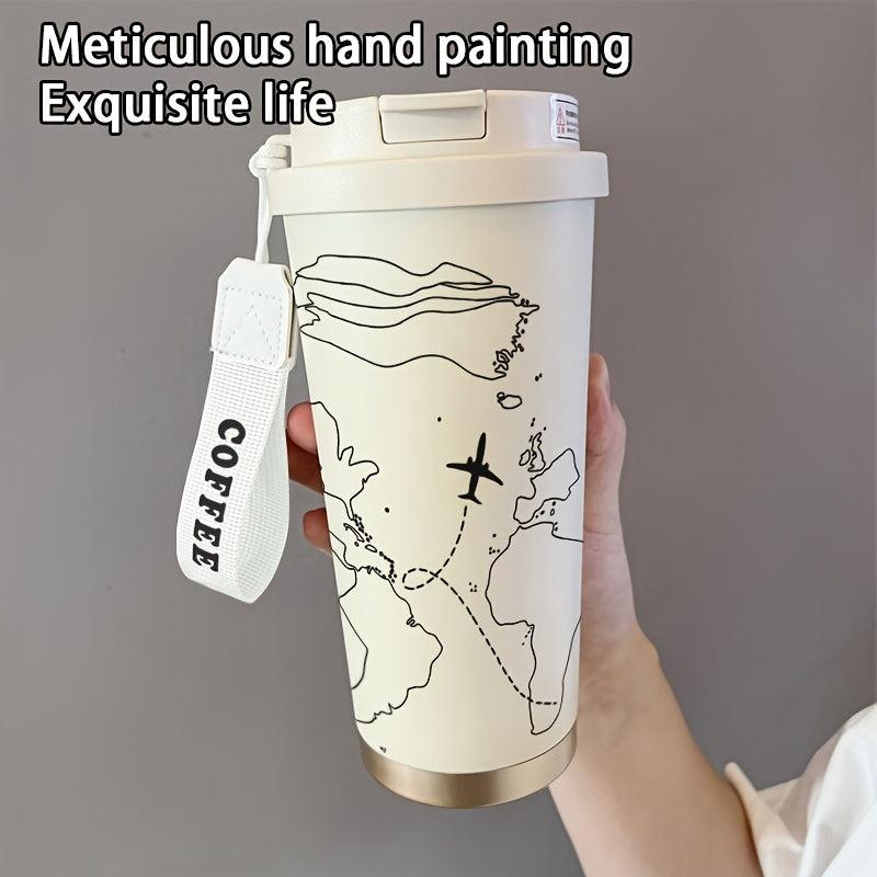 Stainless Steel Coffee Tumbler Hand Painted Airplane Map Insulated