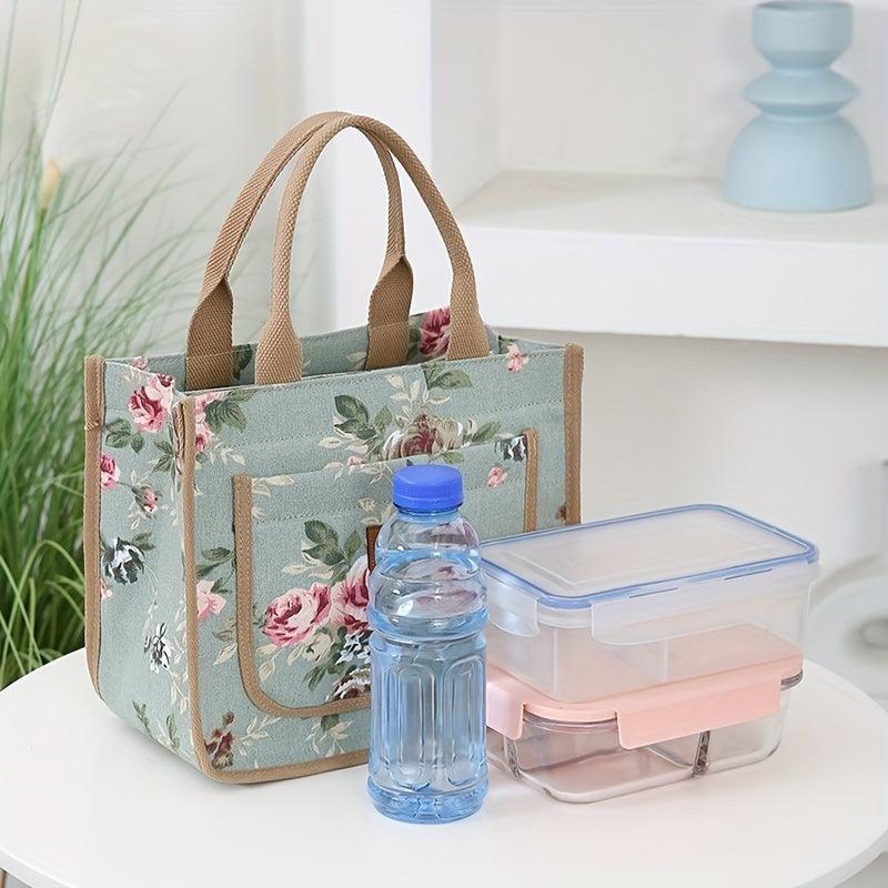 Large Insulated Lunch Bag Floral Print for Work Picnic Travel Hand Washable