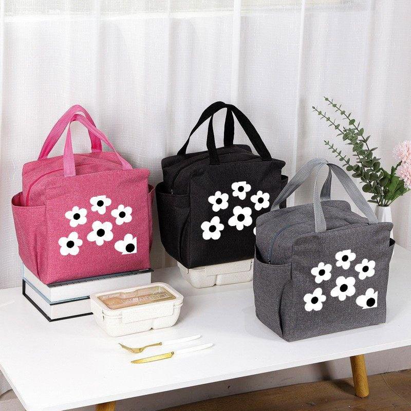 Insulated Lunch Bag with Dots - Portable Thick Canvas Cooler Tote for Women