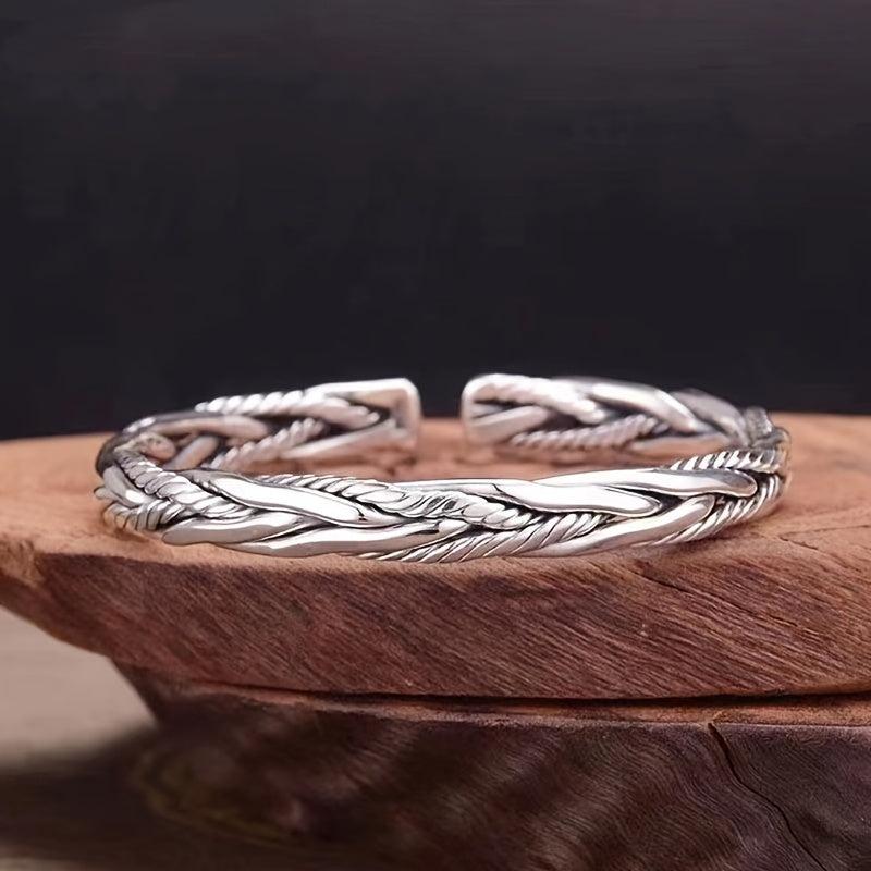 Vintage Silver Braided C-shaped Opening Bracelet, Adjustable