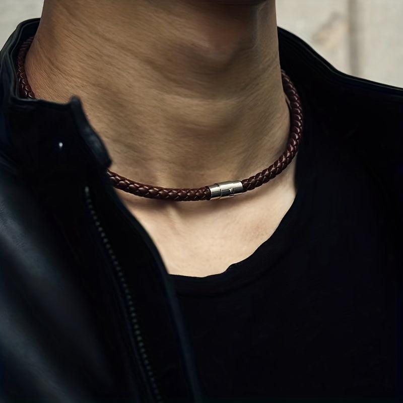 Braided Leather Cord Necklace with Magnet Clasp
