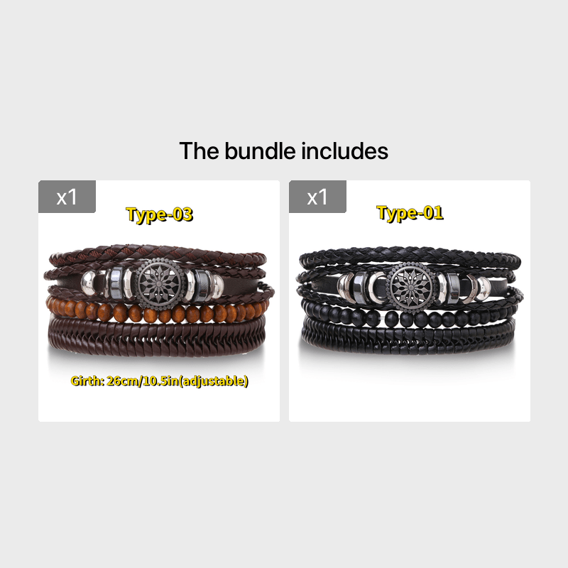 4pcs Braided Leather Bracelets Vintage Charm Wood Beads Ethnic Tribal Wristband