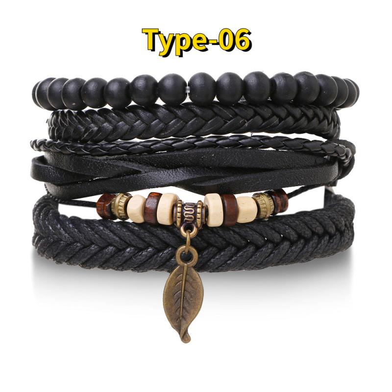 4pcs Braided Leather Bracelets Vintage Charm Wood Beads Ethnic Tribal Wristband