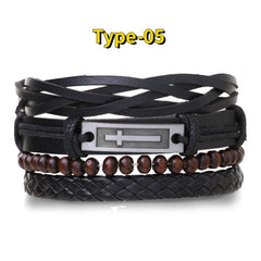4pcs Braided Leather Bracelets Vintage Charm Wood Beads Ethnic Tribal Wristband