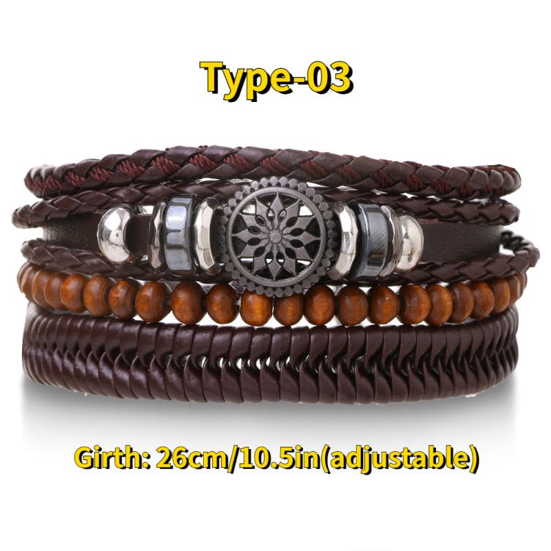 4pcs Braided Leather Bracelets Vintage Charm Wood Beads Ethnic Tribal Wristband