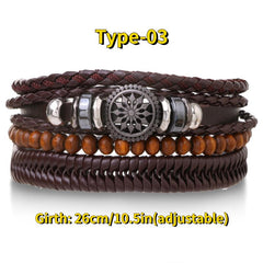 4pcs Braided Leather Bracelets Vintage Charm Wood Beads Ethnic Tribal Wristband