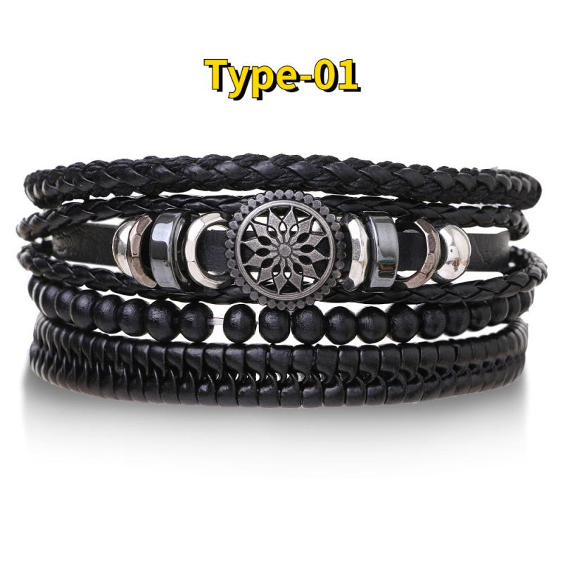 4pcs Braided Leather Bracelets Vintage Charm Wood Beads Ethnic Tribal Wristband