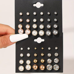 24 Pairs Zircon Pearl Stud Earrings Minimalist Style Jewelry